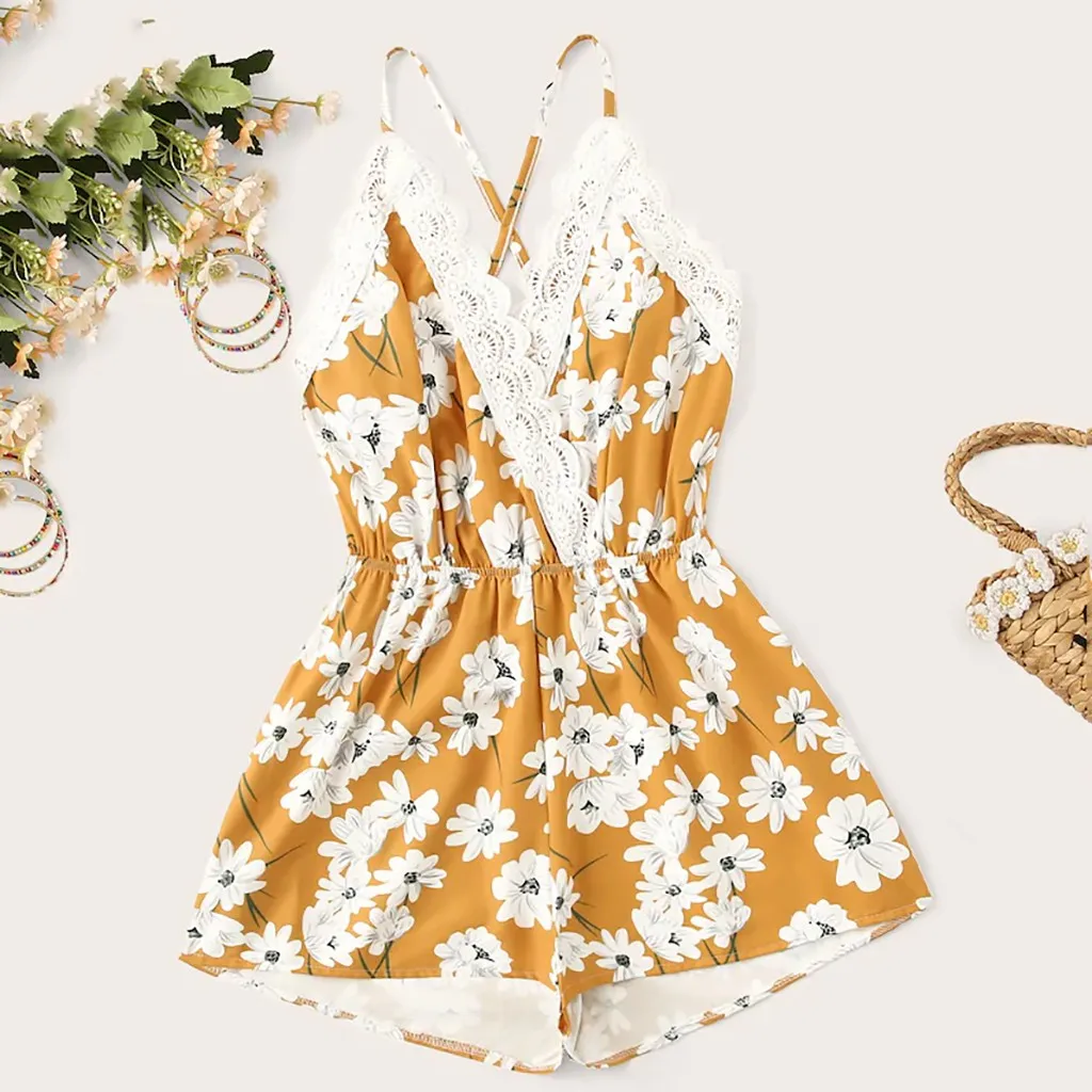 

Summer Fashion Women's V Neck Sleeveless Backless Spaghetti Strap Rompers Floral Print lace Playsuit Bohemian Casual Jumpsuit
