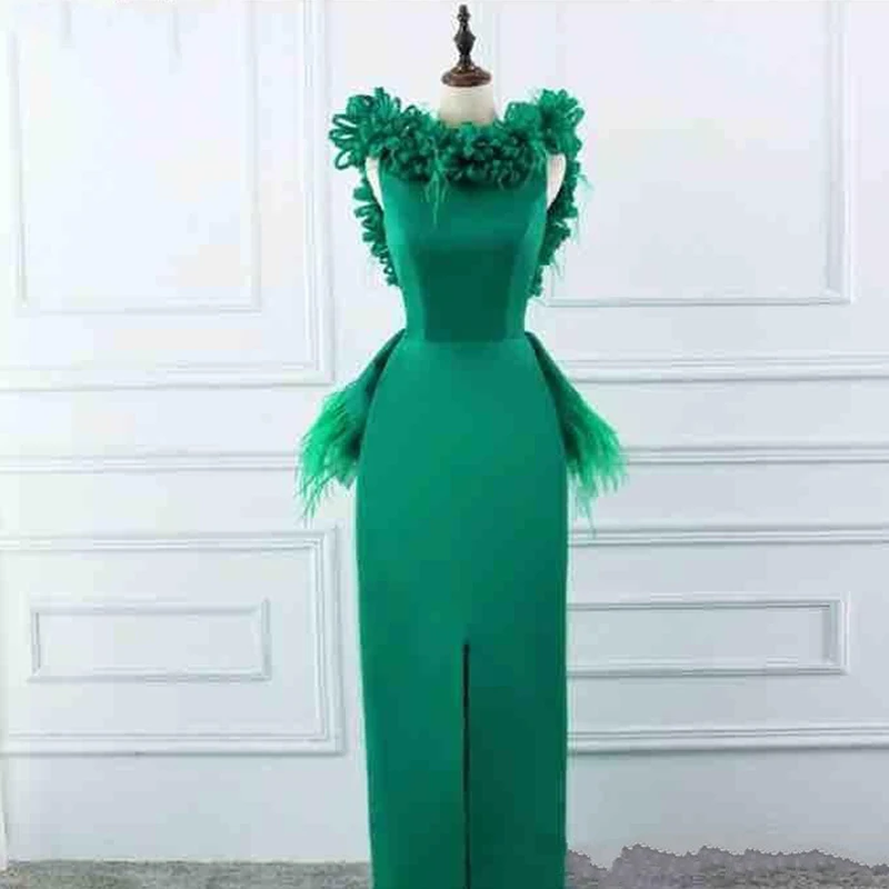 Зеленые перья Сатиновые Вечерние платья Русалка длиной в Пол с разрезом спинки Сауди арабские женские платья вечерние платья для выпускного вечера