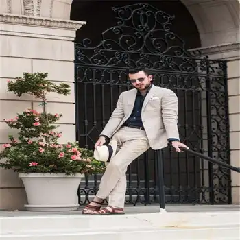 

Latest Coat Pant Designs Khaki linen summer jacket casual beach men suit for wedding smart business terno slim fit jacket+pants