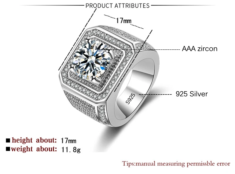 Yanleyu Victoria Wieck Men Fashion Jewelry Solid 925 Sterling Silver Big 2 Carat Round CZ Solitaire Ring Wedding Band Ring ZR024
