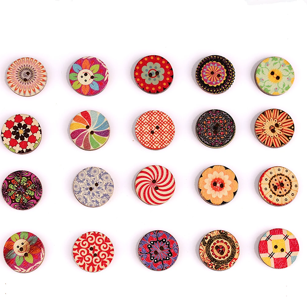 100Pcs Flower Picture Wood Button 2 Holes Mixed Color Apparel Sewing DIY Gift