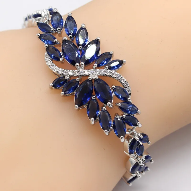 EIOLZJ темно-синие Кристальные серебряные браслеты для женщин в форме листа женский браслет с белым циркониевый штамп 925 Ювелирная коробка