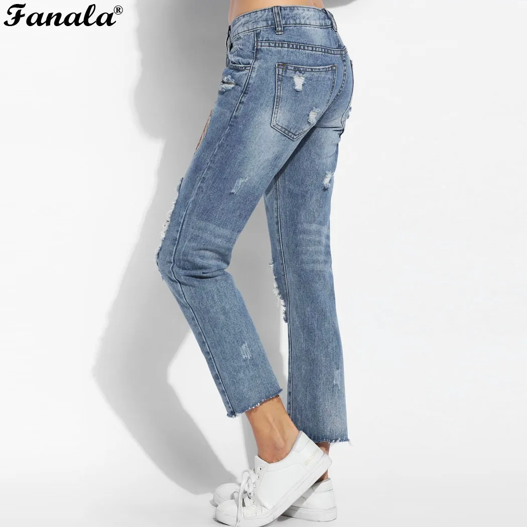 

Women Slim Jeans Autumn High Waist Elastic Holes Jeans Women Jeans Femme Feather Embroidery Casual Denim Pants Plus Size