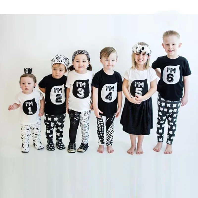 

Summer Baby Boys T-shirt For Girl Tops White Black 1 2 3 4 Years Birthday Outfits Kids Tees Shirt Tops Children Shirts Clothing