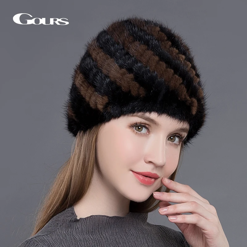 Gours, шапки из натурального меха норки для женщин, высокое качество, шапка с ананасом, толстая, теплая, зимняя, русская мода, вязаные шапочки, новое поступление