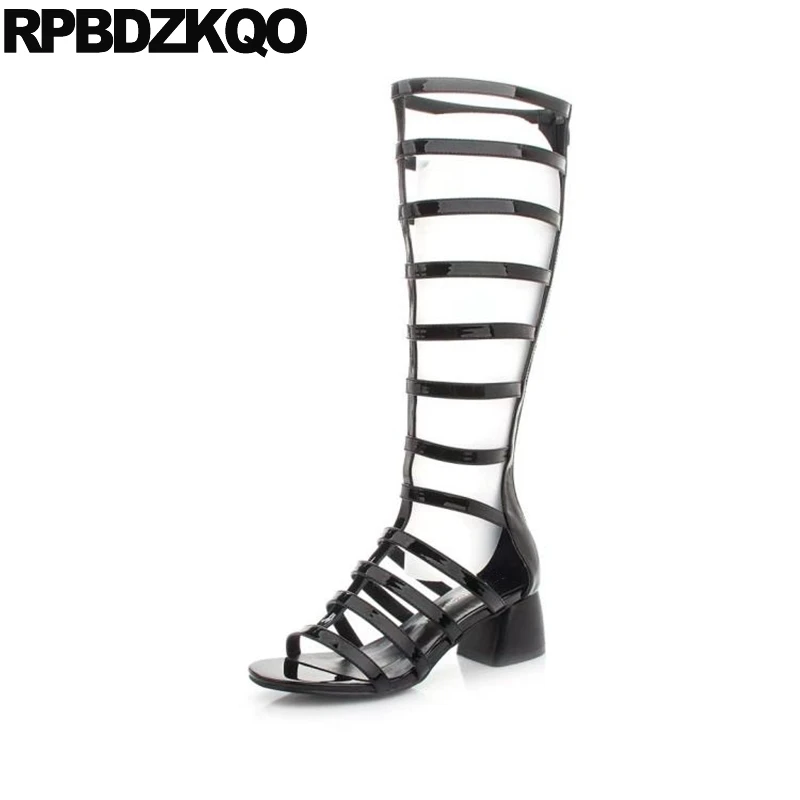 

Shoes Open Toe Knee High Long Women Sexy Boots Heel Black Retro Chunky Gladiator Vintage 2017 Patent Leather Summer Fashion