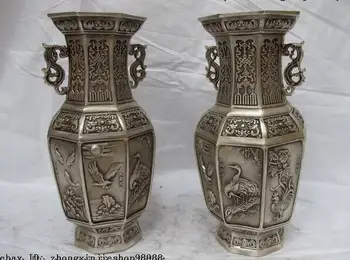

Tibet Folk White Bronze Silver Eight arris Fly Eagle crane Vase Pair