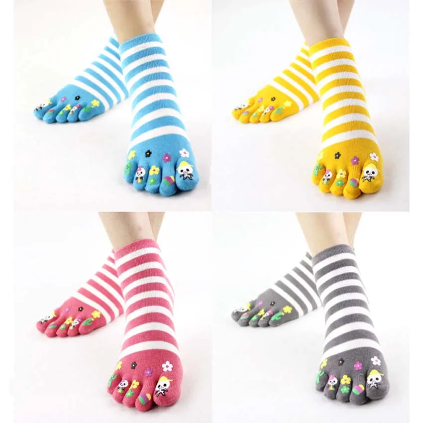 Girls Stripe and Pure color short Cotton 5 Toes Socks Funky Socks Five fingers socks A pair For