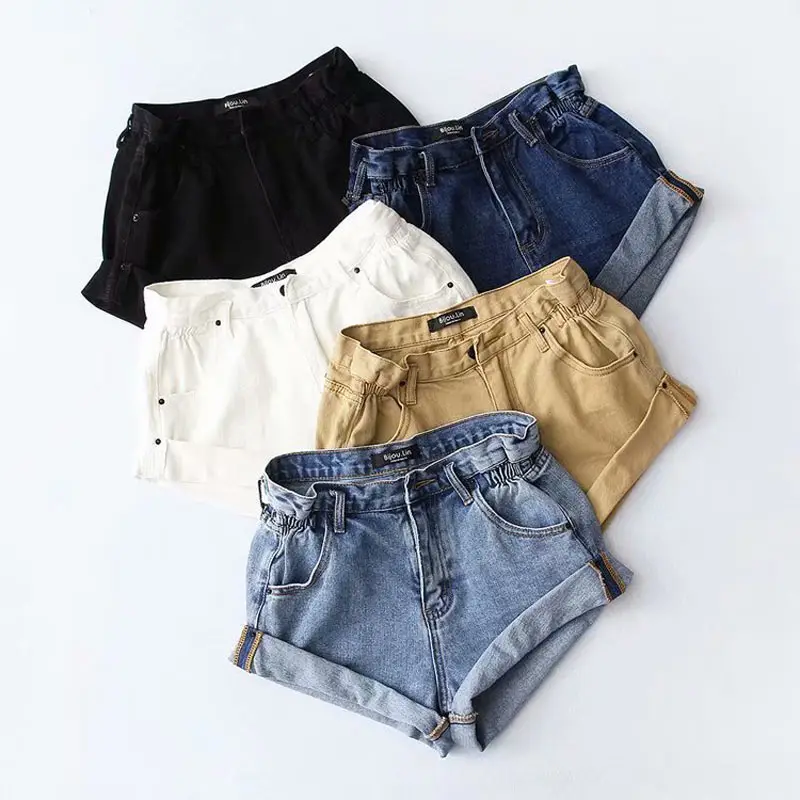 

Tenygo Denim Shorts Women European American Crimping Wide Leg Pants Summer Girl Elastic Flanged High Waist Jeans Female pants