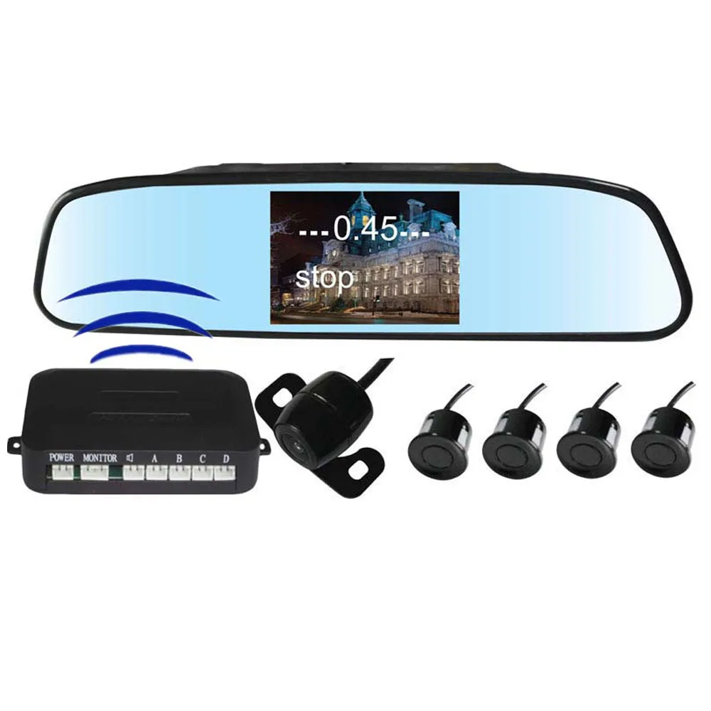 

Wireless rear view camera backup radar parking sensor alert alarm 4.3inch mirror display 4 sensors 2 in 1