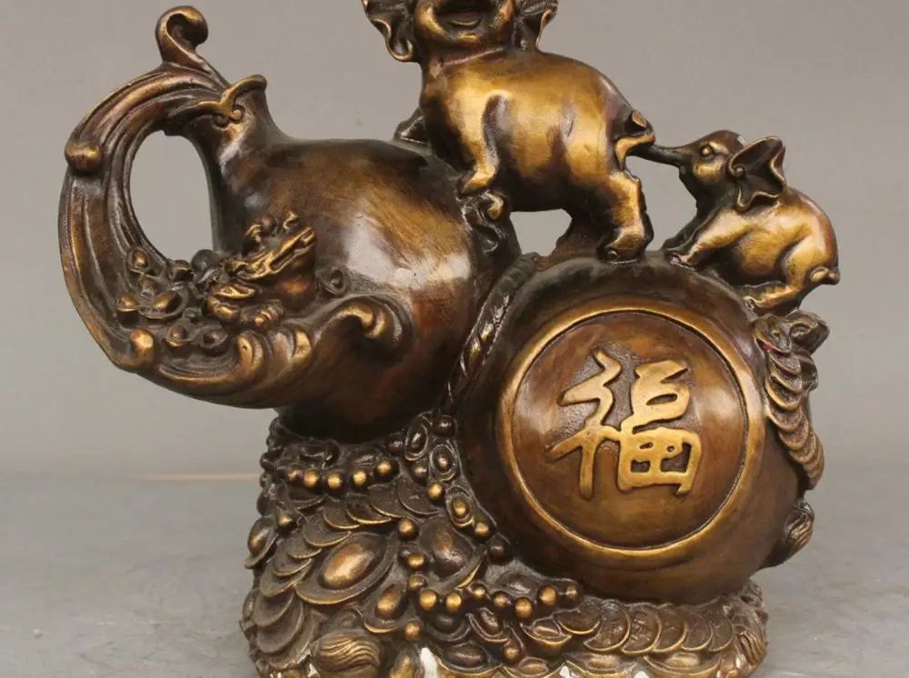 

10" Chinese Feng Shui Elephant Riding Gourd The Bronze Statue
