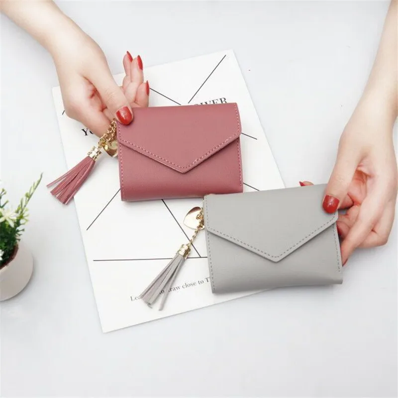 

High Quality Wallet Female Student Short Tassel Waterproof Wallet Card Package Mini Fresh Multi-function Folding Wallet Clip