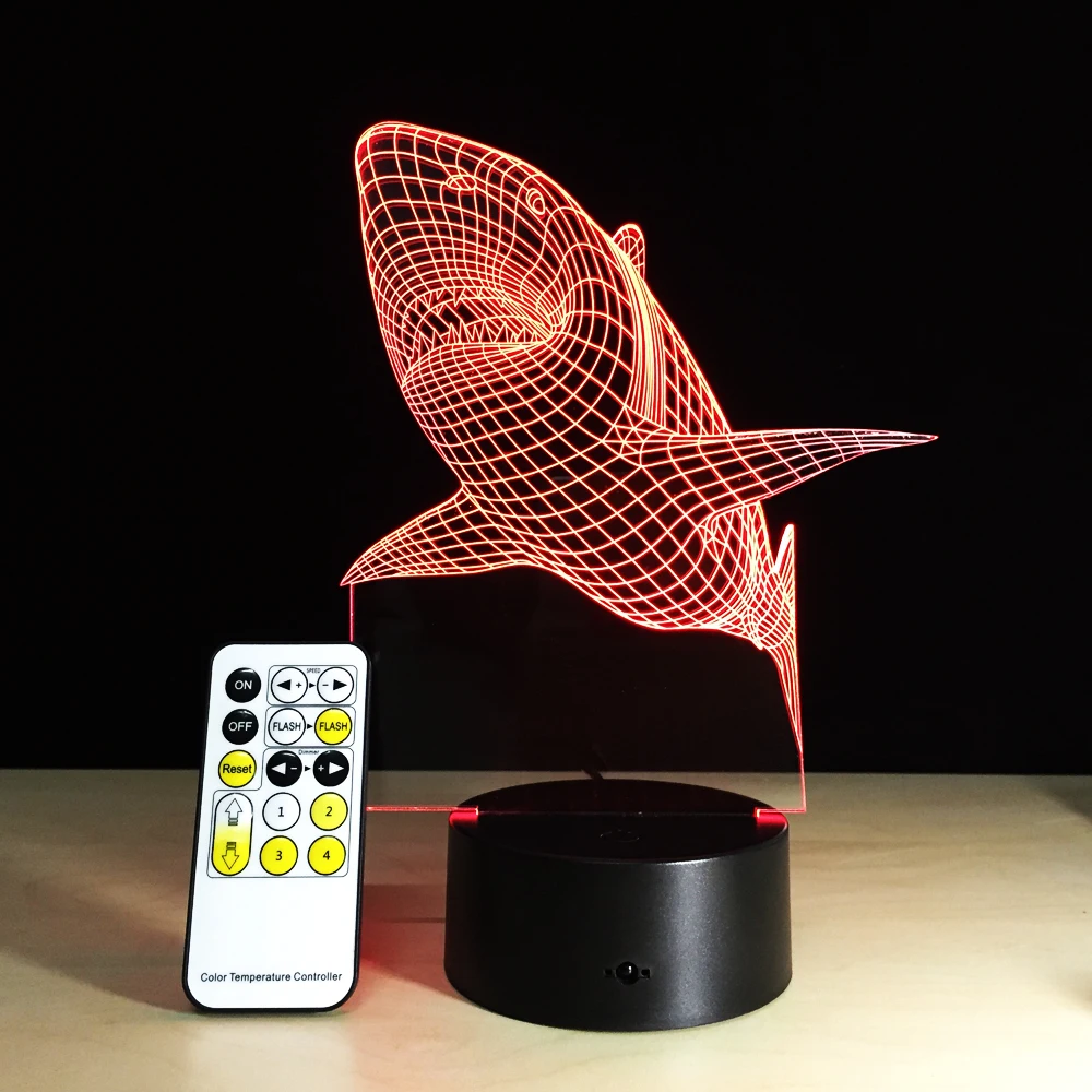  3D Shark Night Light Optical Illusion Table Light Mood Lamp Touch Remote Control 7 Colors Home Ligh - 32892947721