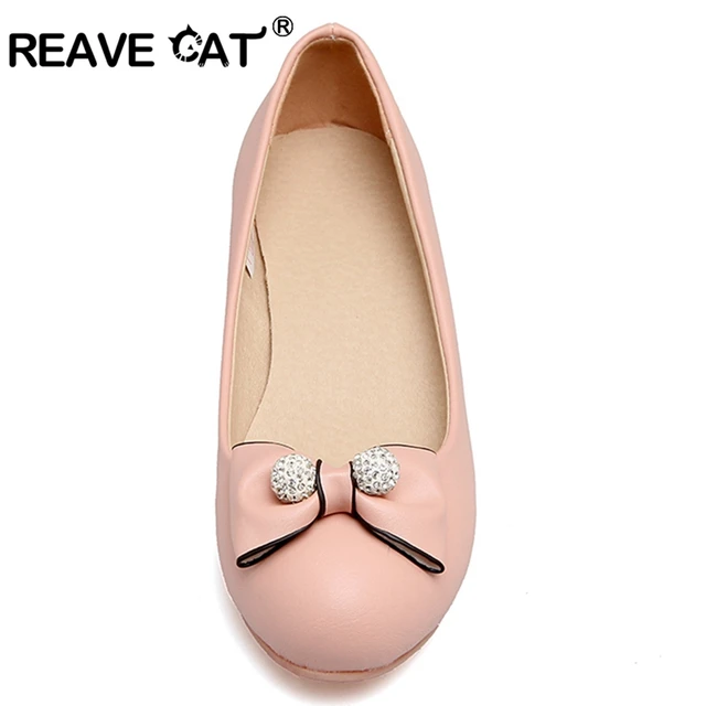 REAVE CAT Shoes women Low heels Ladies pumps Wedges Bow Rhinestone Glitter Fashion Cute Big size Spring summer shoese RL3523