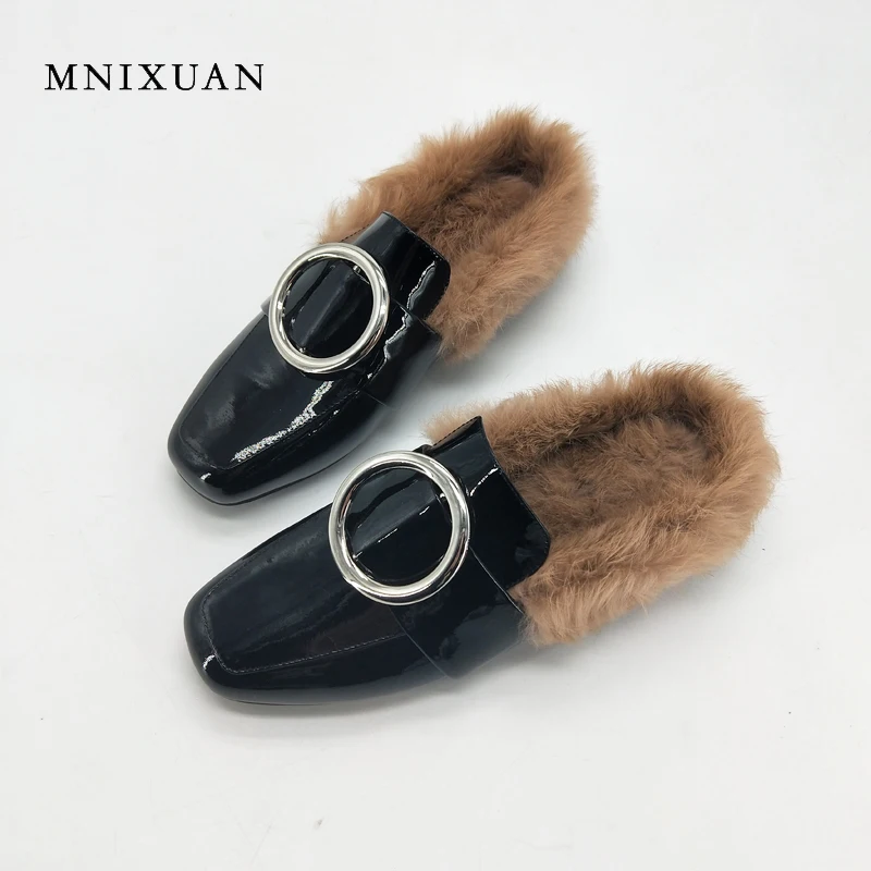 

MNIXUAN Mules shoes women 2017 new fashion handmade genuine leather square toe warm rabbit fur casual flats shoes big size 34-40