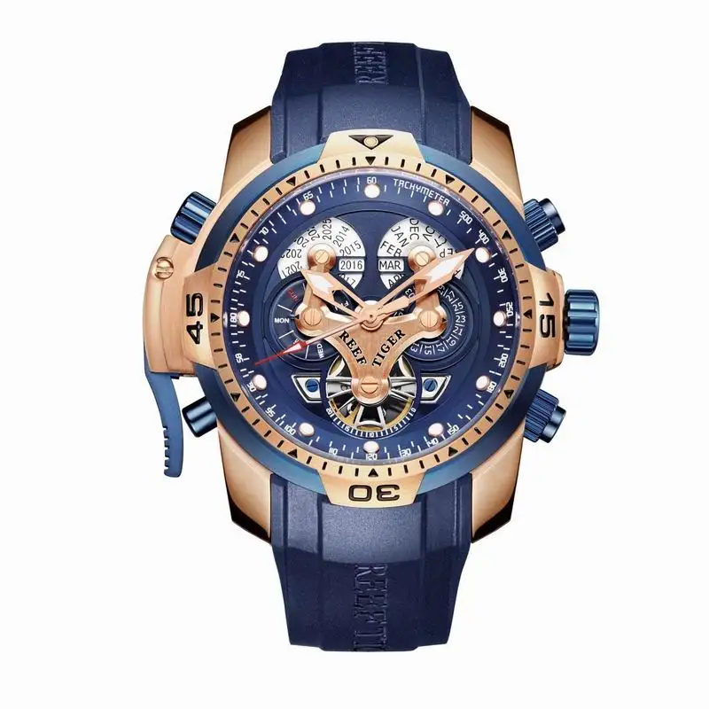 Риф Тигр/RT спортивные мужские часы со сложным большим циферблатом вечный календарь стальные механические часы синий резиновый ремешок RGA3503 - Цвет: RGA3503PLLG