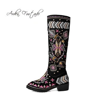 

Arden Furtado 2018 autumn winter knee high boots round toe embroider fashion women's shoes flowers flat boots large size 42 43