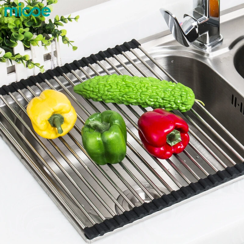 

MICOE Stainless steel drain basket kitchen shelf foldable drain roller blind
