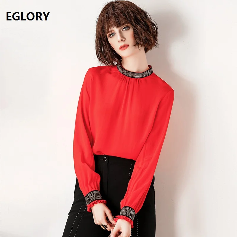 

2019 Spring Summer Hot Sale Blouses Women Vintage Golden Chain Beading Patchwork Long Sleeve Red Black Loose Tops Blouse Female