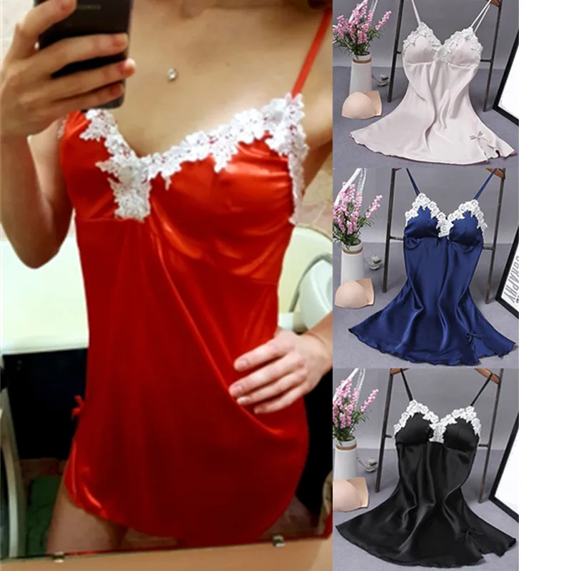 

Sexy Lingerie Women Silk Lace Robe Dress Babydoll Sleeveless Nightdress-Nightgown Solid Slim Ladies Sleepwear