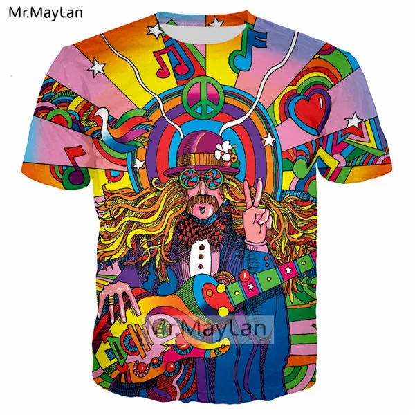 Groovy хиппи музыкант красочные Радуга гитары 3D печатных для мужчин Hipster обшитые мужские шорты бермуды Casaul пляжные шорты - Цвет: Hippie 3d tshirt