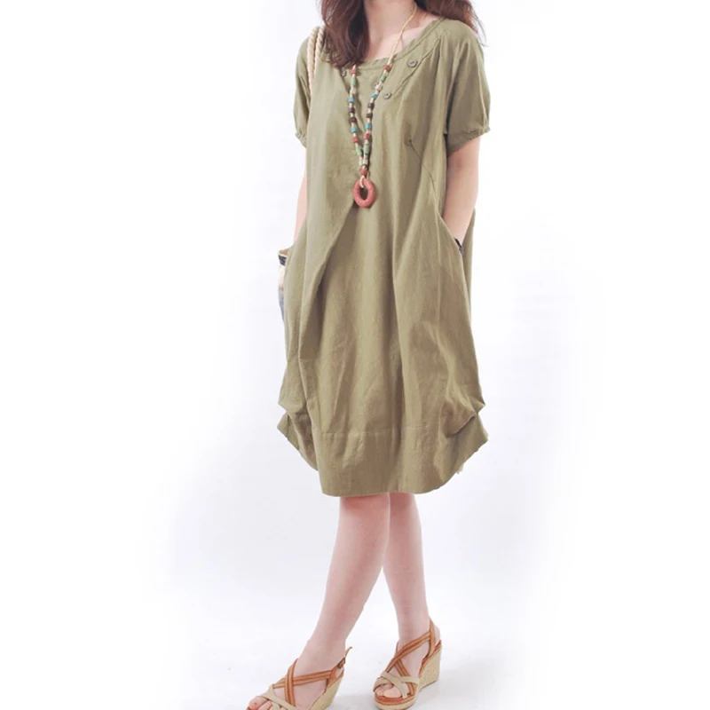 Плюс размеры для женщин Boho свободные кафтан платье Лен карман длинная туника короткий рукав