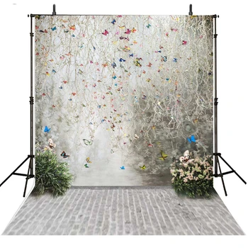

Blue Butterfly Photography Background Backdrop 5x7 Gray Wall Brick Wall Floor Photo Background Bacdrop Flowers for Wedding Props