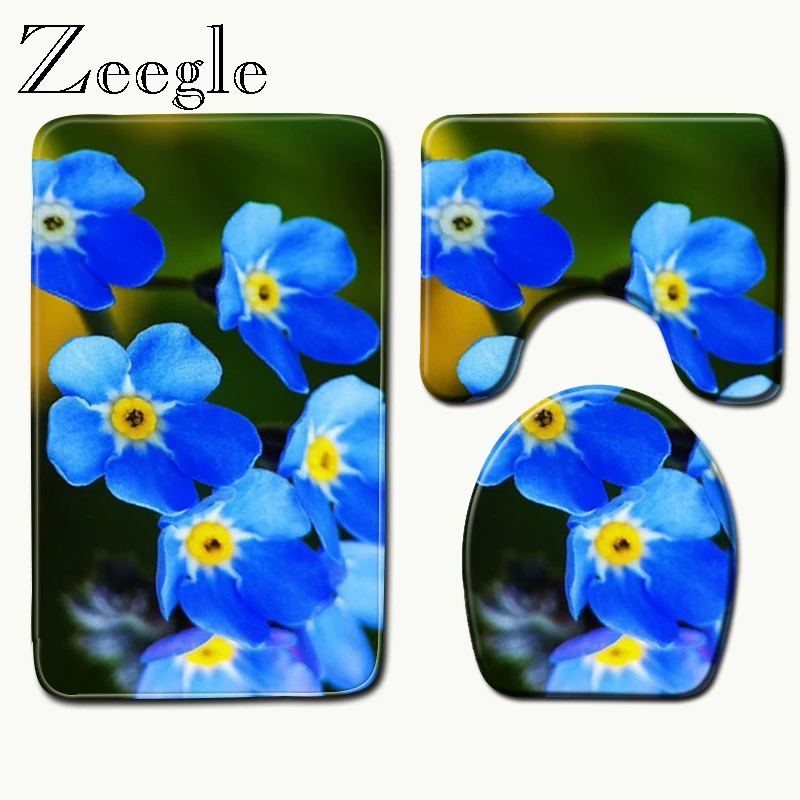 

Zeegle 3PCS Creative Floral Pattern Non Slip Toilet Seat Cover Rug Bathroom Set Decor Winter Warm Polyester Shower Toilet Mats