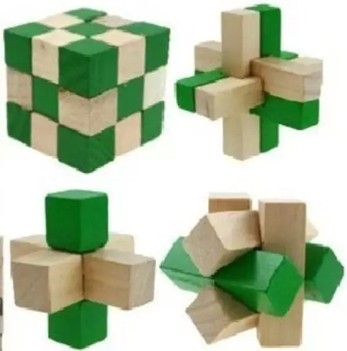 

New 4PCS/LOT Green 2 Color Toys Classic IQ 3D Wooden Interlocking Burr Puzzles Mind Brain Teaser Game Toy for Adults Children