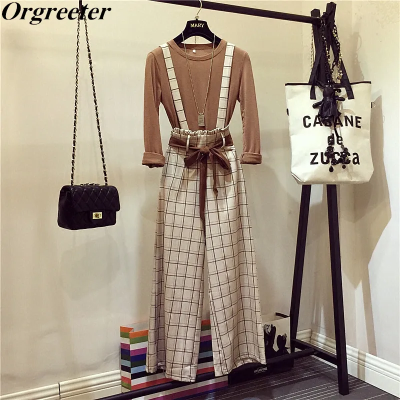 

2019 Spring Autumn New Casual Two Piece set Long Sleeve Solid Basic t-Shirt + High Waist Plaid Bow Tie up Wide Leg Pants Sets