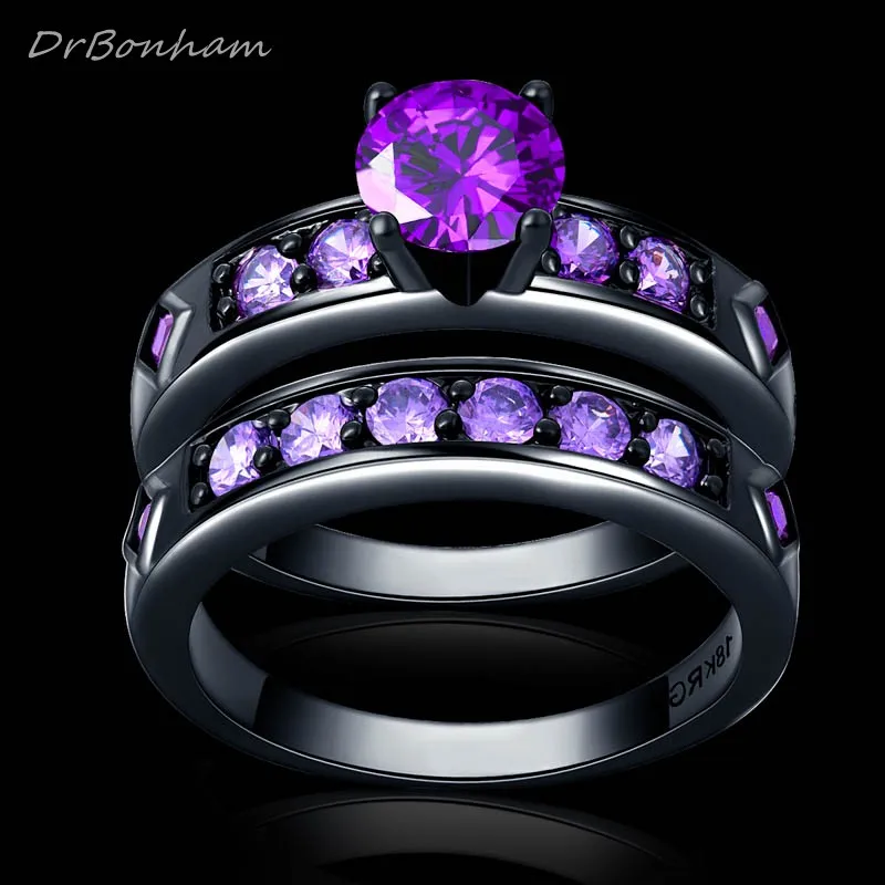 DrBonham bling large purple Cubic Zircon couple Rings Set black Gold filled CZ Wedding alliance For Women men DR1746