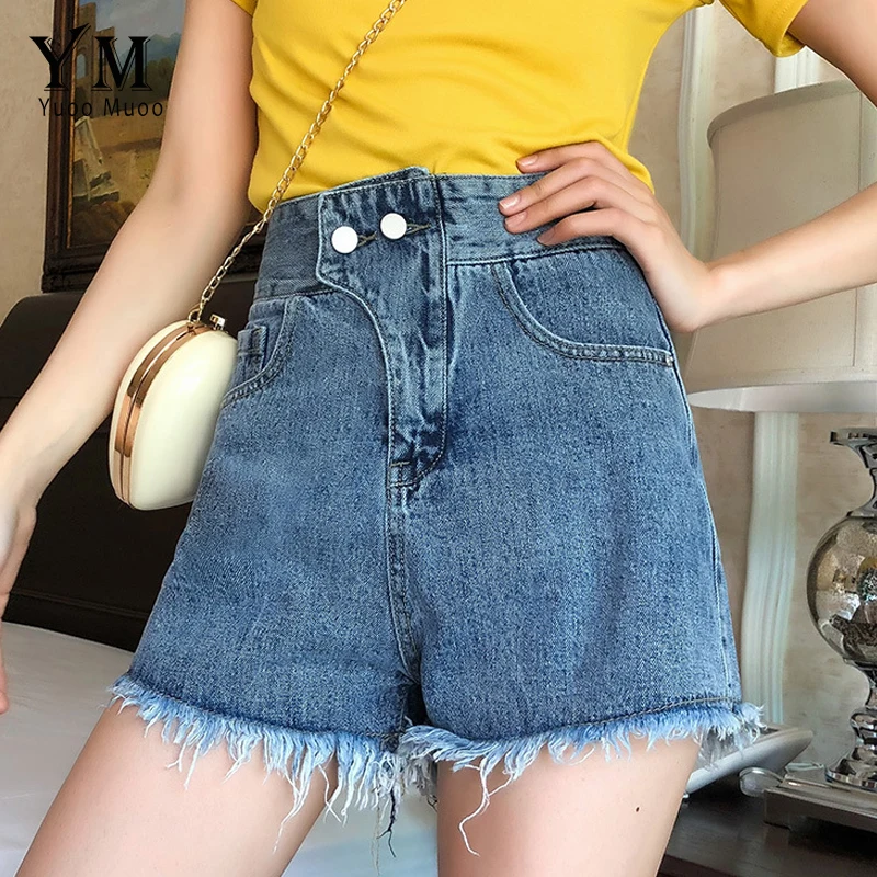 Loose Women Button Denim Shorts High Waist Inelastic Denim