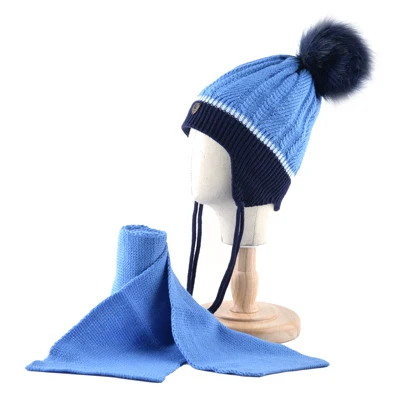 K брендовая теплая детская шапка шарф Набор зимой толстые вязаные искусственного меха помпоном шапочка Мальчики Девочки вязать уши детские Шапки комплект - Цвет: Blue