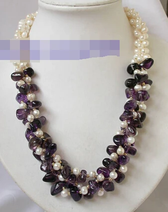 

bjc 0002232 3strand 8mm white round pearl amethyst necklace (C0309)