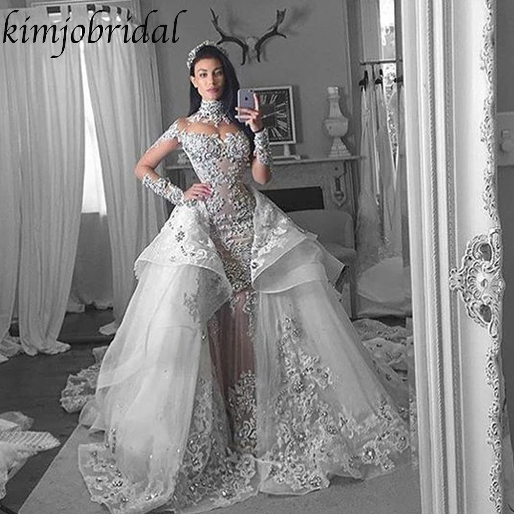 

Vintage Crystal Wedding Dresses Detachable Train High Collar Lace Appliques Beaded Bridal Dresses Long Sleeve 2019