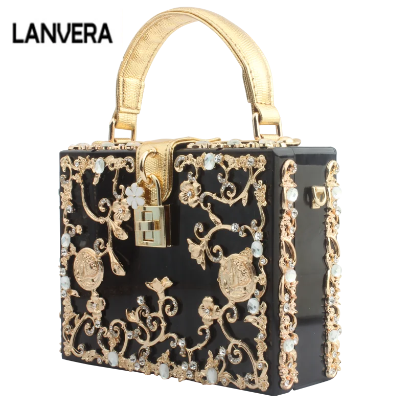 

Luxury Box Shape Tote Women Handbag Brand Acrylic Relief Black Evening Clutch Bag Ladies Prom Party Purse Shoulder Bag Louis