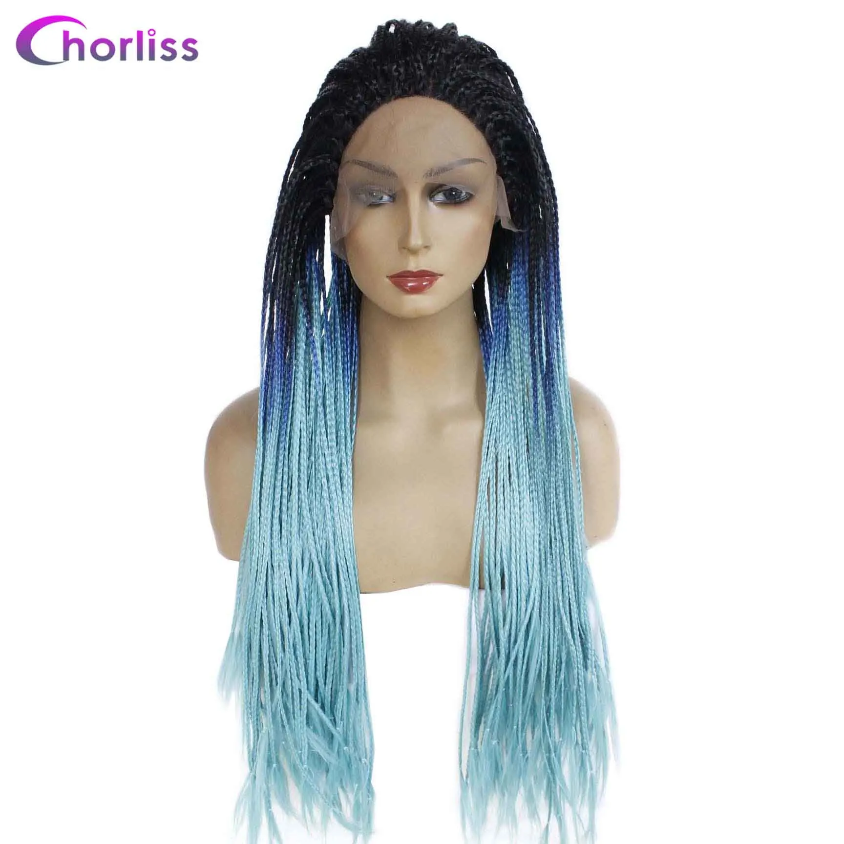 Long Braided Box Braids Wig Ombre Synthetic Lace Front Wig For Women Chorliss Hand Made Black Cosplay Wig Heat Resistant Wigs - Цвет: Ombre Blue