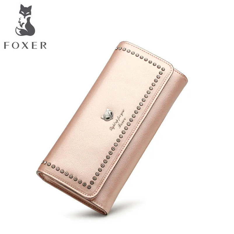 

FOXER 2018 New women leather wallets women long wallets Simple fashion Buckle leather wallets purse women clutch bags