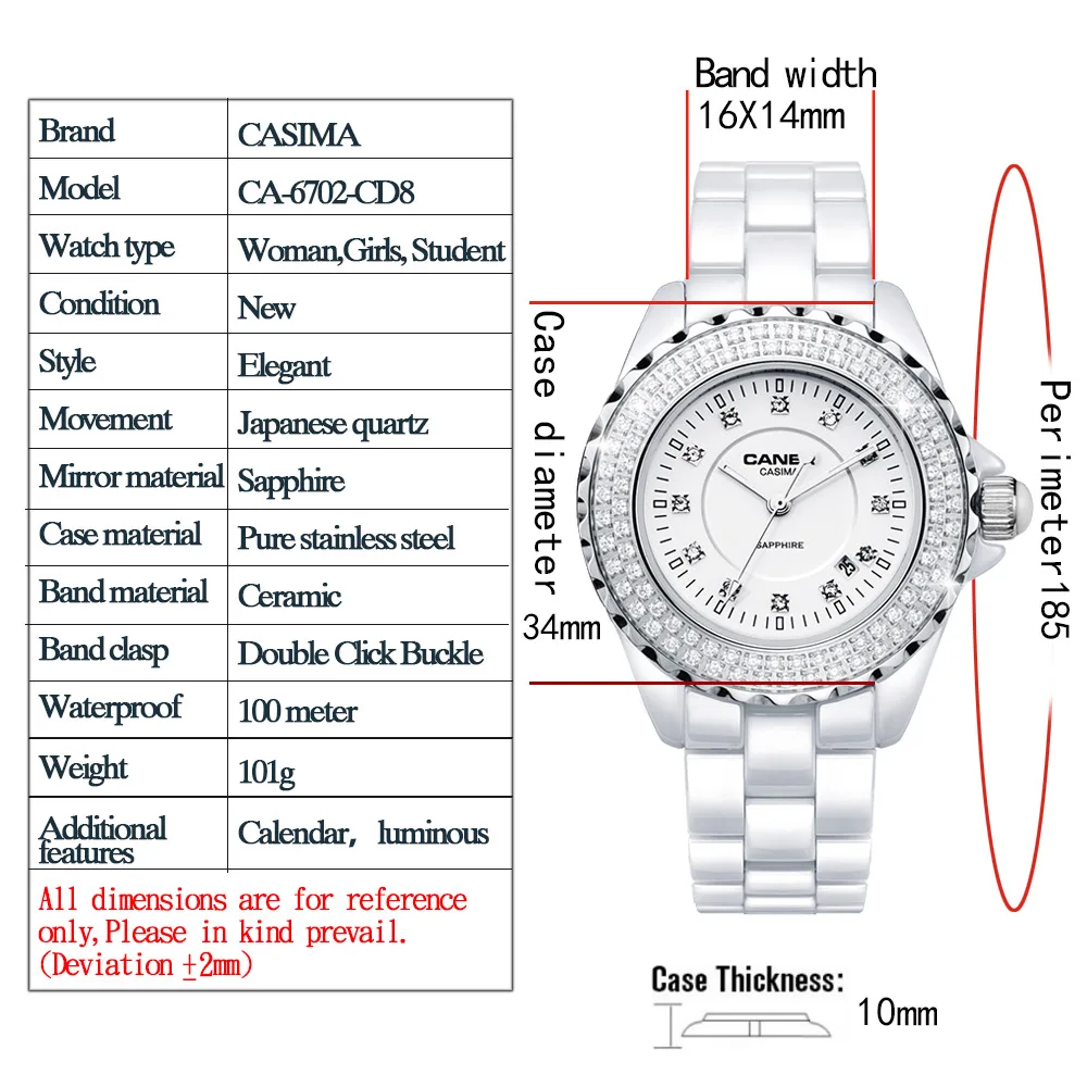 Роскошные Брендовые женские часы модные повседневные Элегантные керамические белые кварцевые наручные часы женские водонепроницаемые 100 м CASIMA#6702