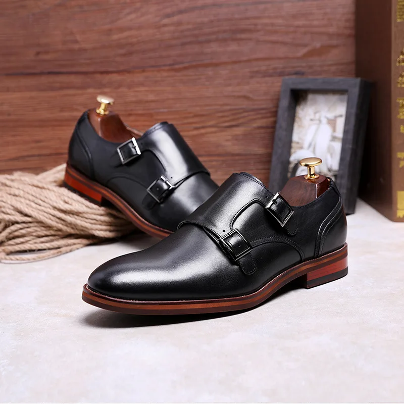 Брендовая Летняя мужская обувь из натуральной кожи; цвет черный, коричневый; парадная обувь с двумя ремешками и пряжкой; свадебные броги; zapatos hombre