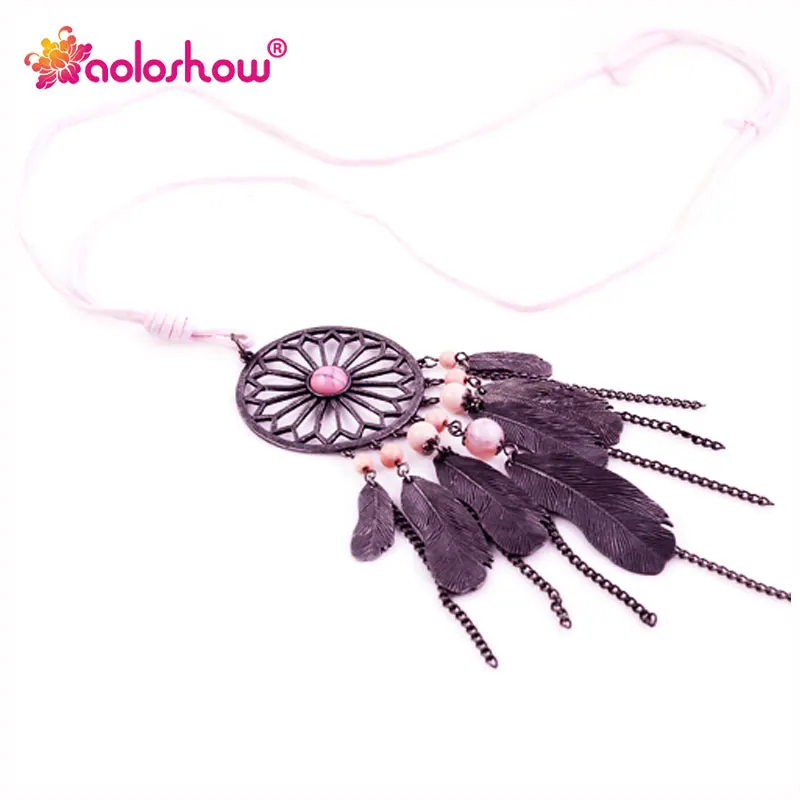 

Bohemian Vintage Pendant Dream Catcher Necklace for Women Pink Suede Leather Long Chain Feather Shape Pendant Necklace NL-1661