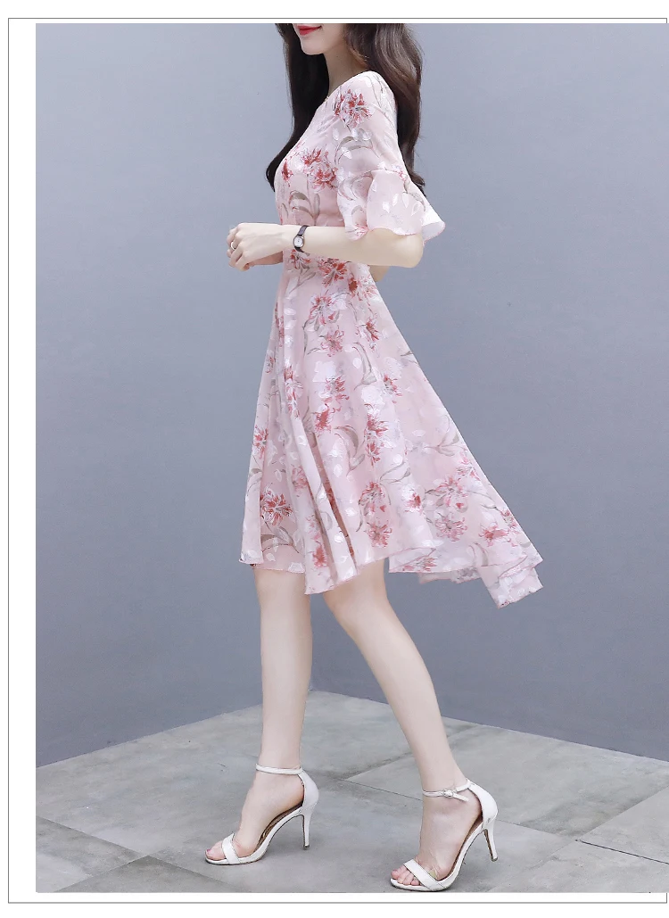 Женское платье, летнее шифоновое платье с цветочным принтом для девочек, повседневные облегающие платья с неровными оборками, корейские пляжные вечерние платья