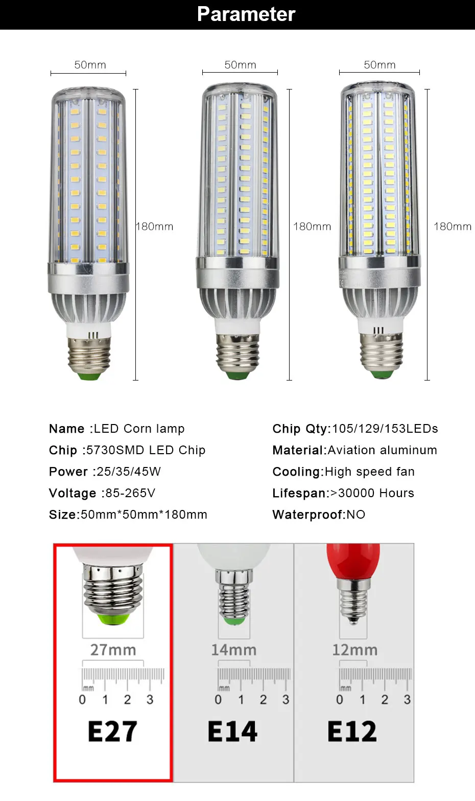 Высокая Мощность светодиодный кукурузная лампа 5730 SMD 25 Вт, 35 Вт, 45 Вт E27 светодиодный кукурузы вентилятор с лампами охлаждение; Алюминий без мерцающие, светодиодные лампочки для домашнего освещения