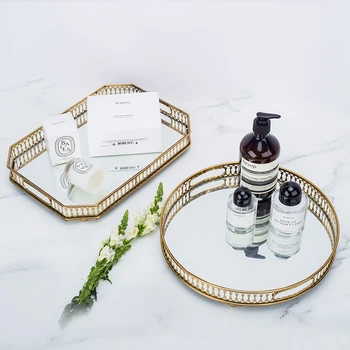 

Hollow design mirror metal tray rectangular round fruit bowl cake dessert plate
