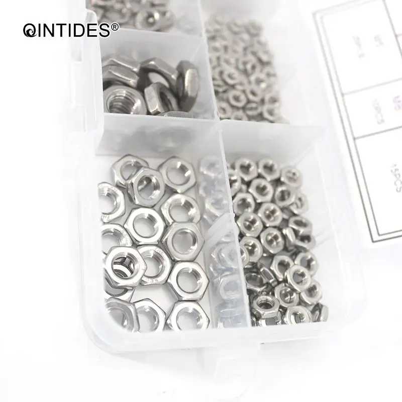 QINTIDES 200 штук шестигранные тонкие гайки M2.5 M3 M4 M5 M6 M8 304 нержавеющая сталь гайка GB6172.1