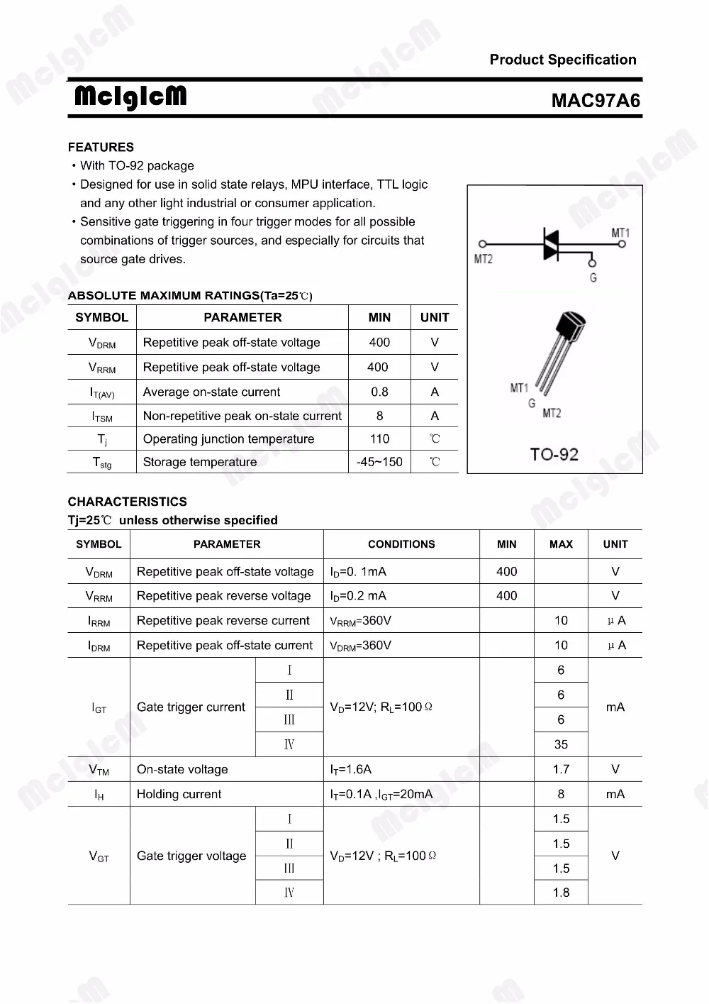 MCIGICM 5000 шт. MAC97A6 400V 600mA кремниевый управляемый коммутатор TO-92 с выпрямительным диодом тиристорный