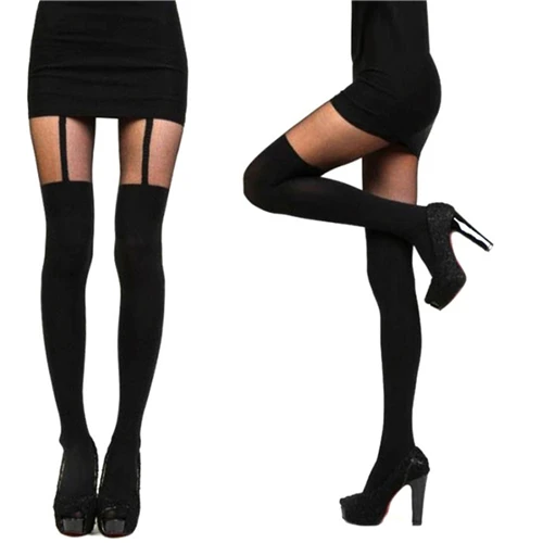 

Women Black Fake Garter Belt Suspender Tights Over The Knee Hosiery Stockings