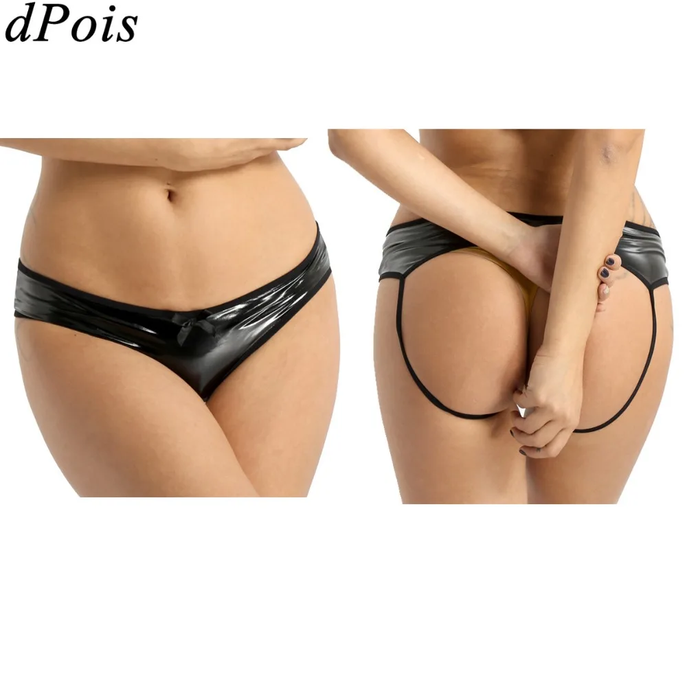 

Womens Lingerie Wetlook Faux Leather Open Back Crotchless Low Rise Underwear G String Sexy Thong Jockstrap Bikini Briefs Panties
