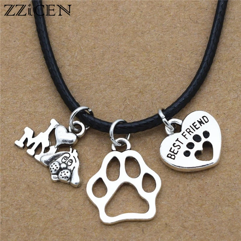 New Simple Cute Antique I Love My Dog Charms Dog's Paw Best Friend Heart Pendant Leather Chain Necklace Lover Gifts | Украшения и