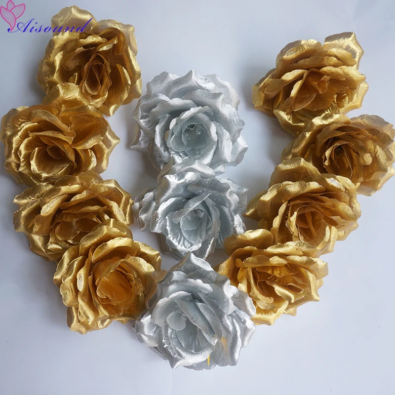 

50pcs 10cm Silk Rose Flower Heads Silver & Gold Flowers For Wedding Decoration Decorative Flowers & Wreaths Christmas Supplies